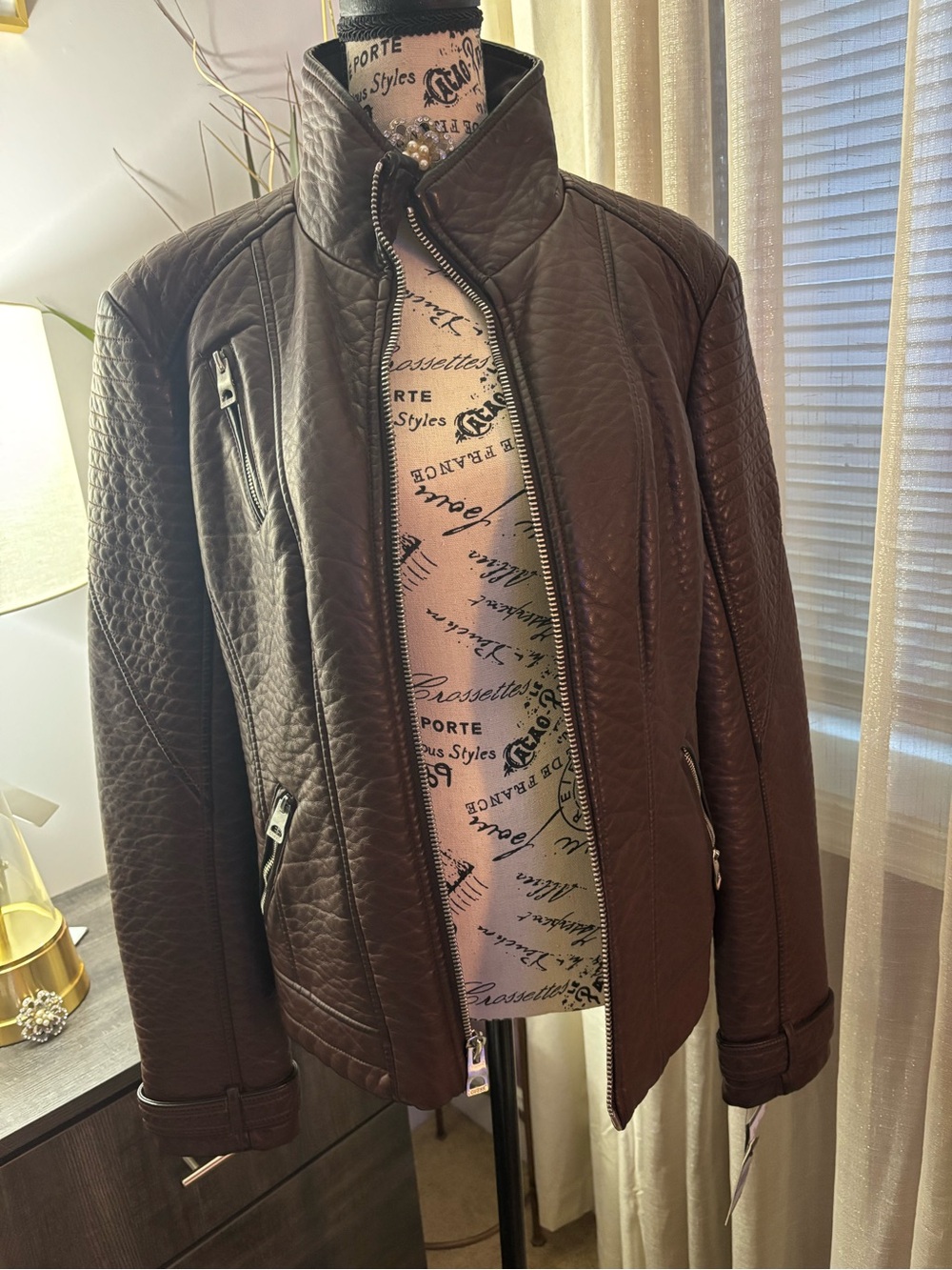 GUESS Brown Quilted Faux Leather Jacket